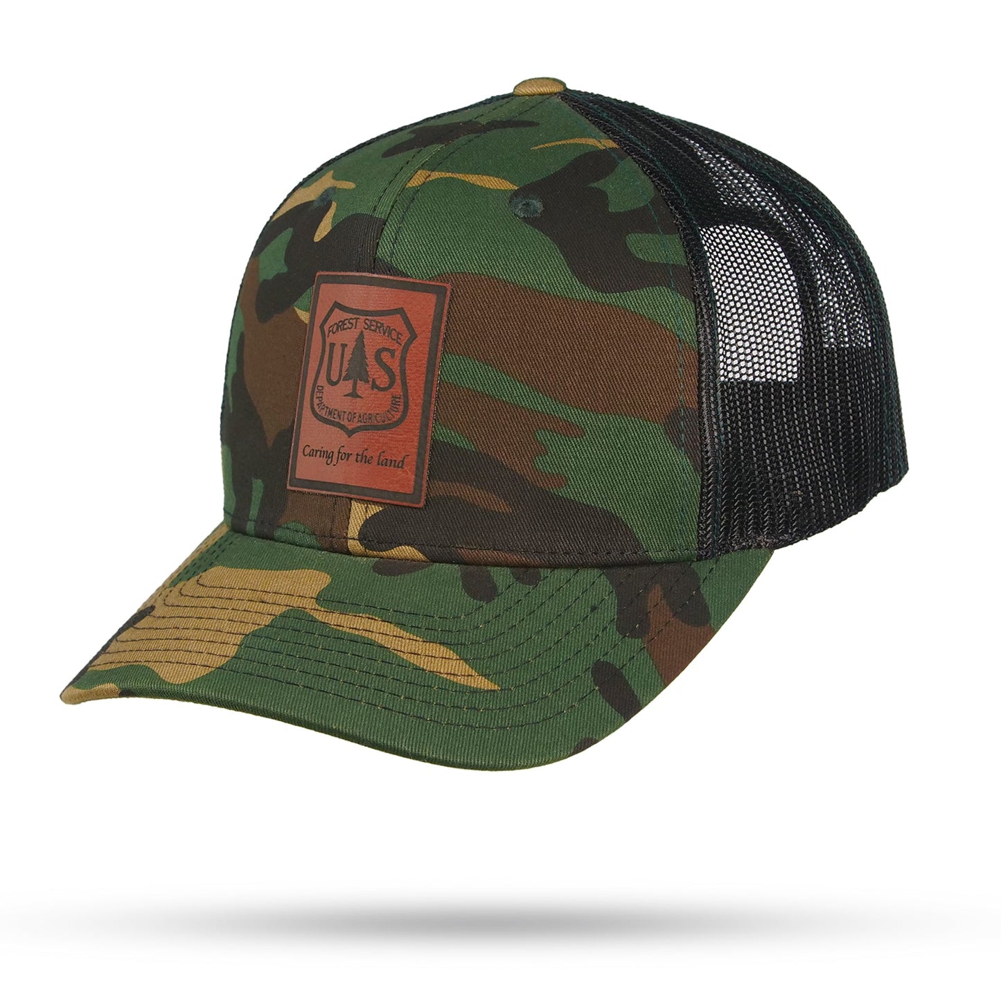 USFS Leather Patch Trucker Snapback - Care for The Land | Authentic Gear Charcoal/Black w/ Grey Patch
